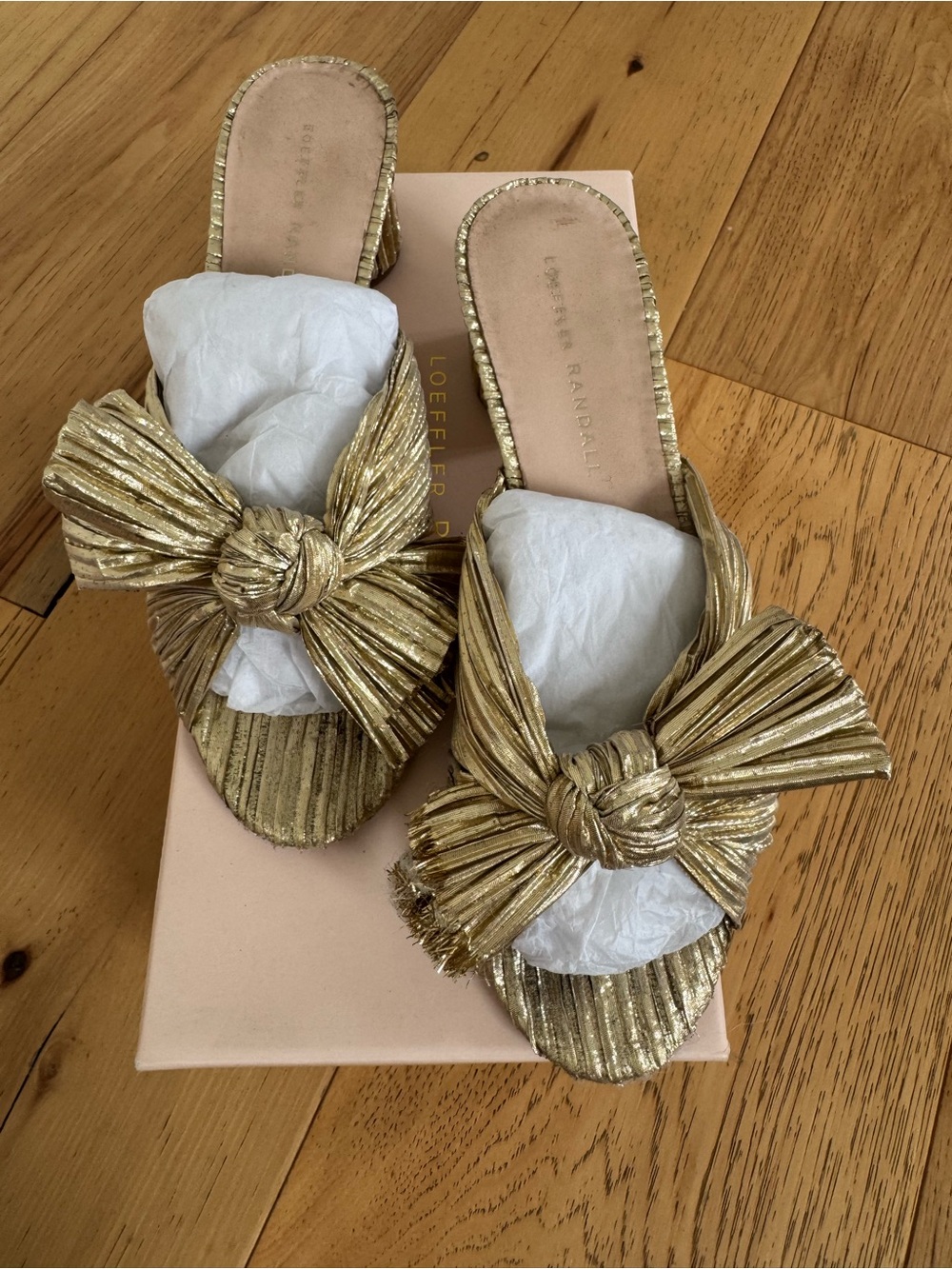 Loeffler Randall Metallic Gold Knotted Bow Slide Mules